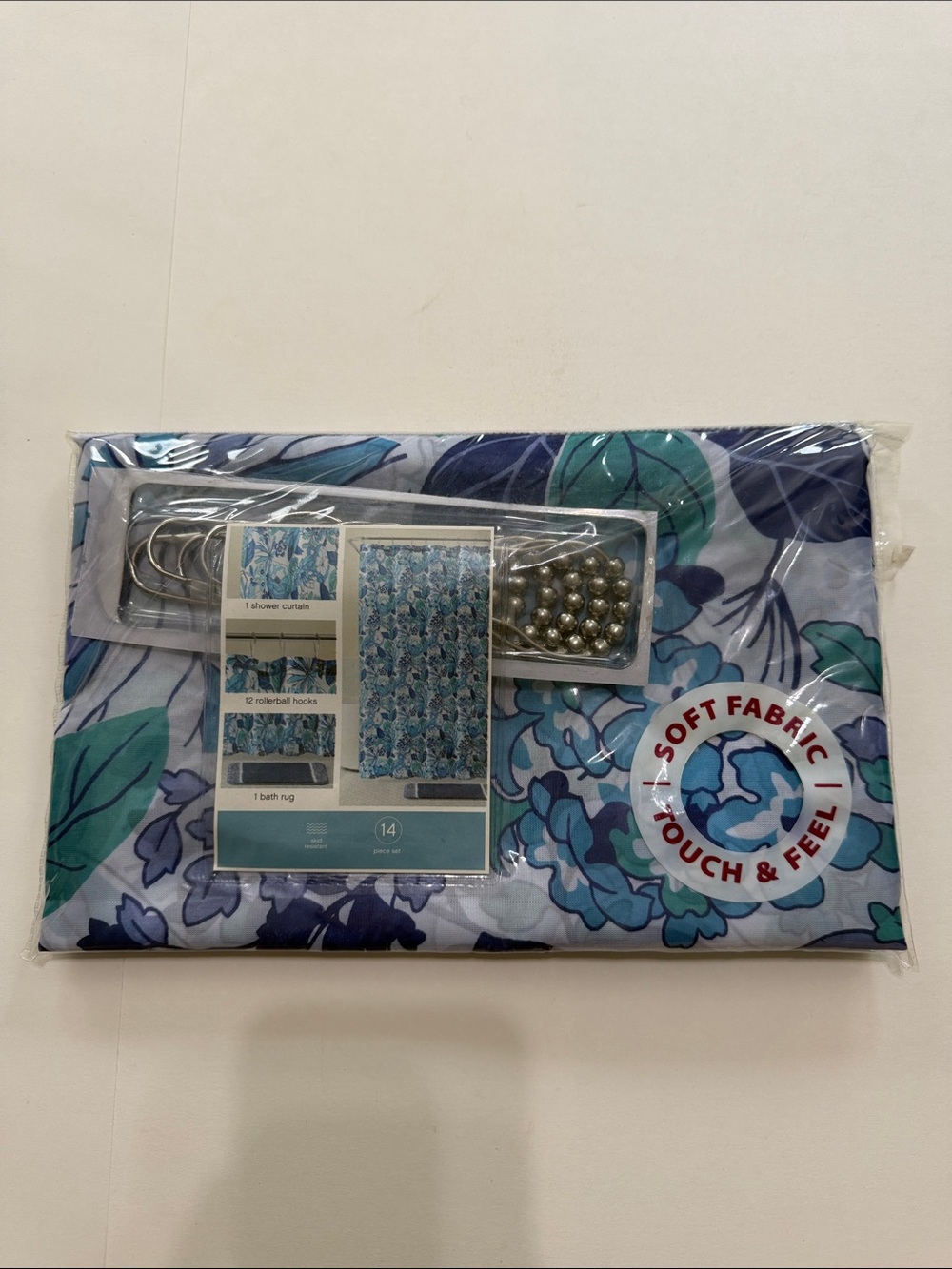 Floral Blue Shower Curtain Set with Hooks - Blue